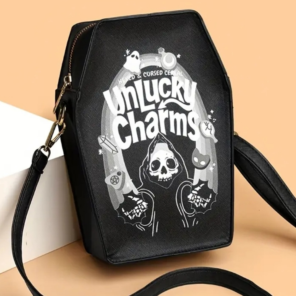 🆕️BLACK UNLUCKY CHARMS CEREAL GOTH VEGAN LEATHER COFFIN ZIPPERED CROSSBODY - Picture 10 of 16